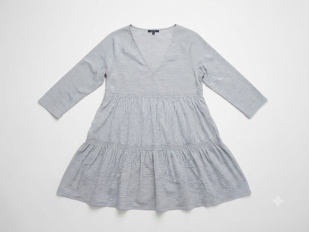 James Perse 2 Gray Striped Tiered Dress Casual Minimalist V Neck Cotton Blend